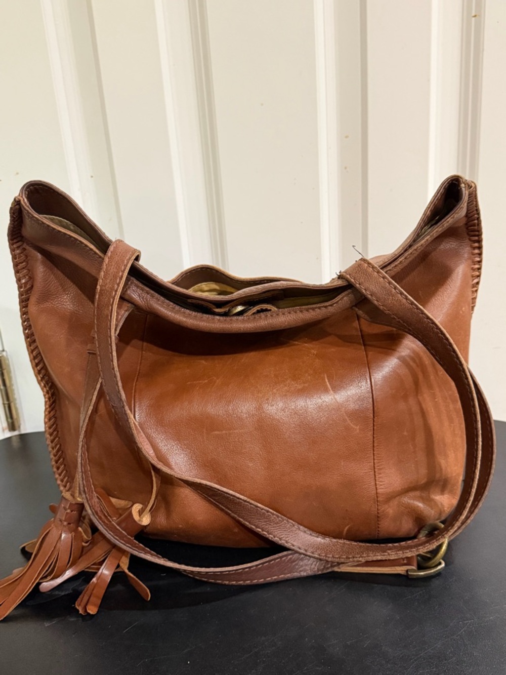 Lucky Brand Cognac Brown Leather hobo Shoulder Bag with tassels - Picture 2 of 10